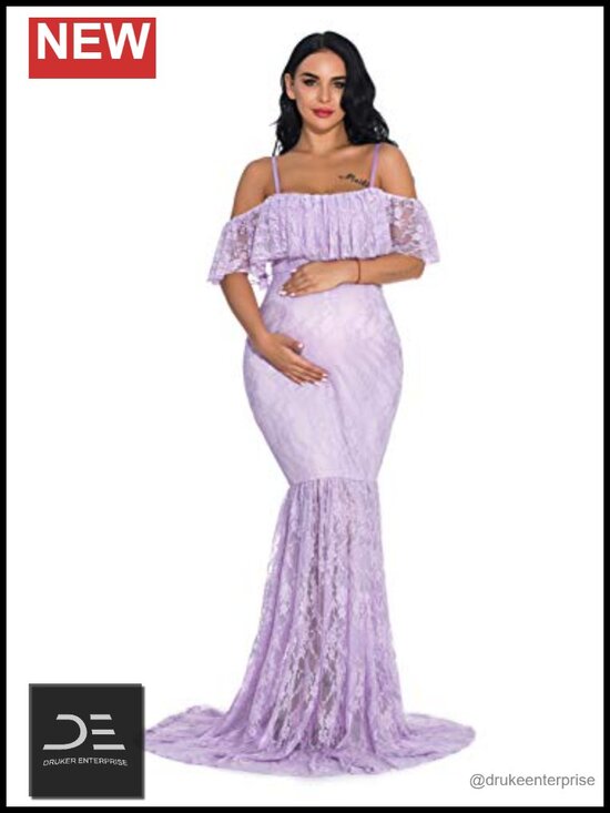 Dresses & Skirts - Fitted Lace Maternity Gown Ruffle Sleeve Mermaid Off Shoulder Photography Dress